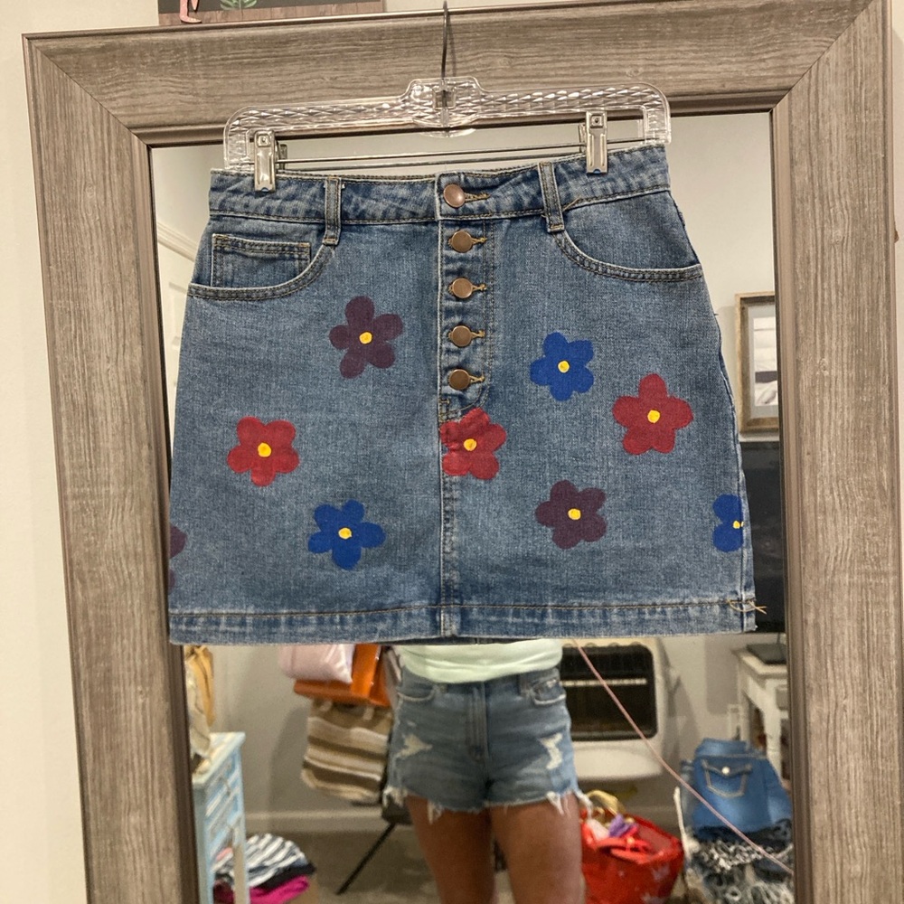 Forever 21 Denim Mini Skirt Rainbow Pocket Floral Embroidered Button Front